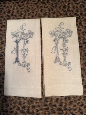 BRAND NEW! Embroidered Monogram Linen Napkins in White w/ Gray Detail. Set of 2